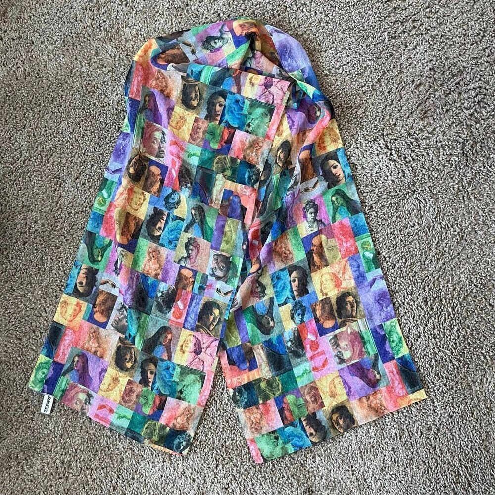 VTG Sunbelt Art Portrait Sheer Scarf Abstract Renaissance Faces 12x60
